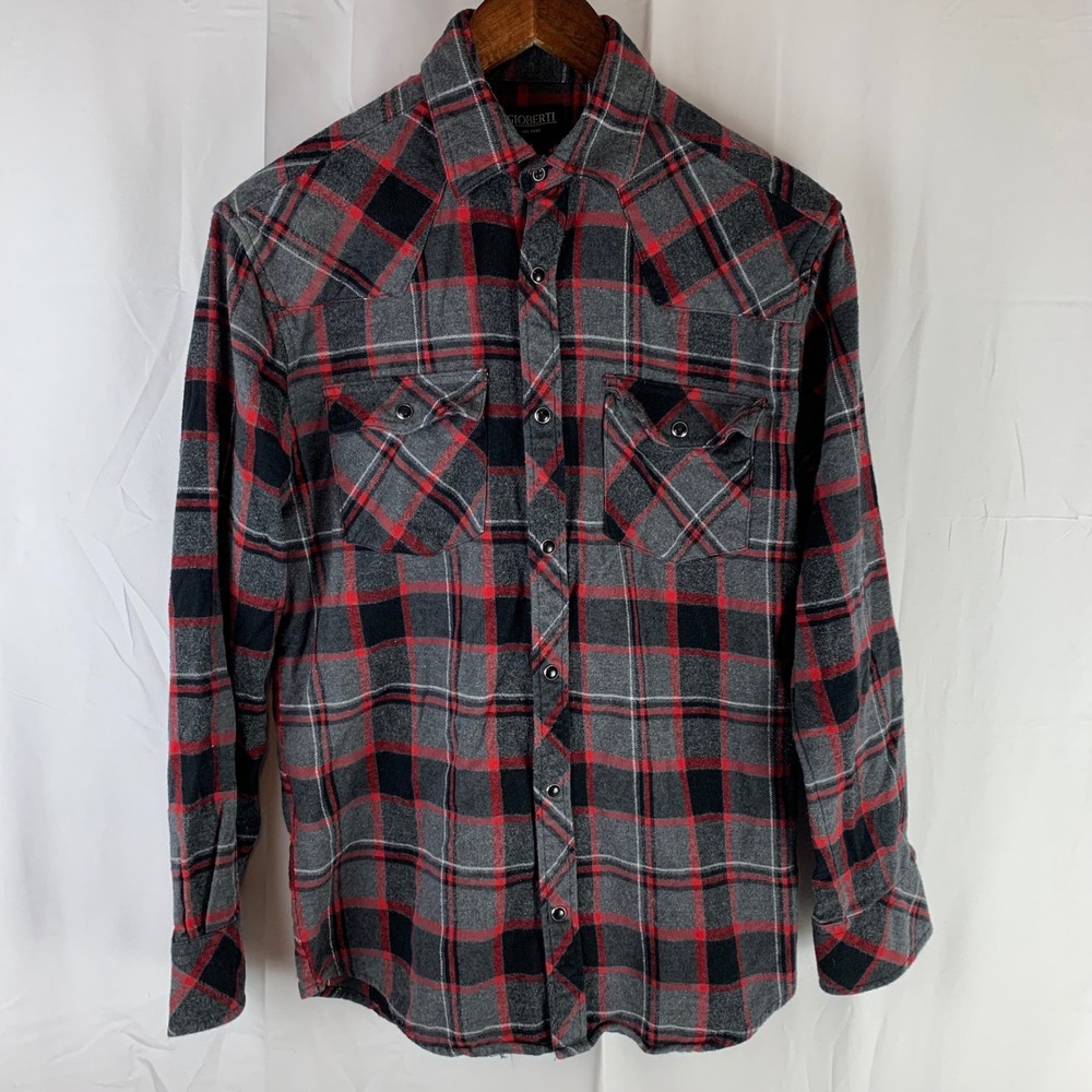 Gioberti Plaid Western Pearl Snap Shirt Mens Small Red Grey Flannel Long Sleeve